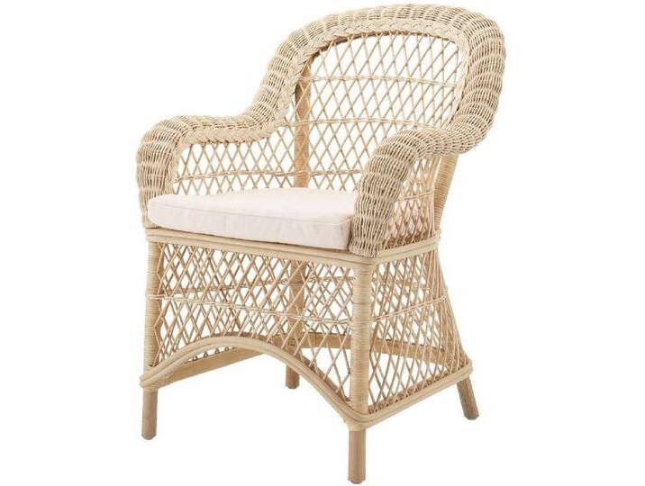 Casa Padrino Luxus Rattan Esszimmerstuhl mit Armlehnen und Kissen Naturfarben / Cremefarben 63 x 68 x H. 88 cm - Esszimmermöbel von Casa Padrino