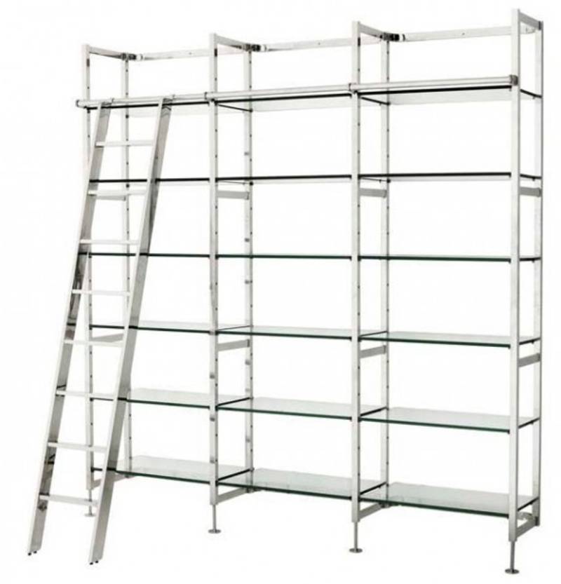 Casa Padrino Luxus Regal Schrank Edelstahl Poliert mit GlasbÃ¶den und Leiter B 223 x H 245 cm BÃ¼cherregal Regal Schrank - Art Deco MÃ¶bel von Casa Padrino