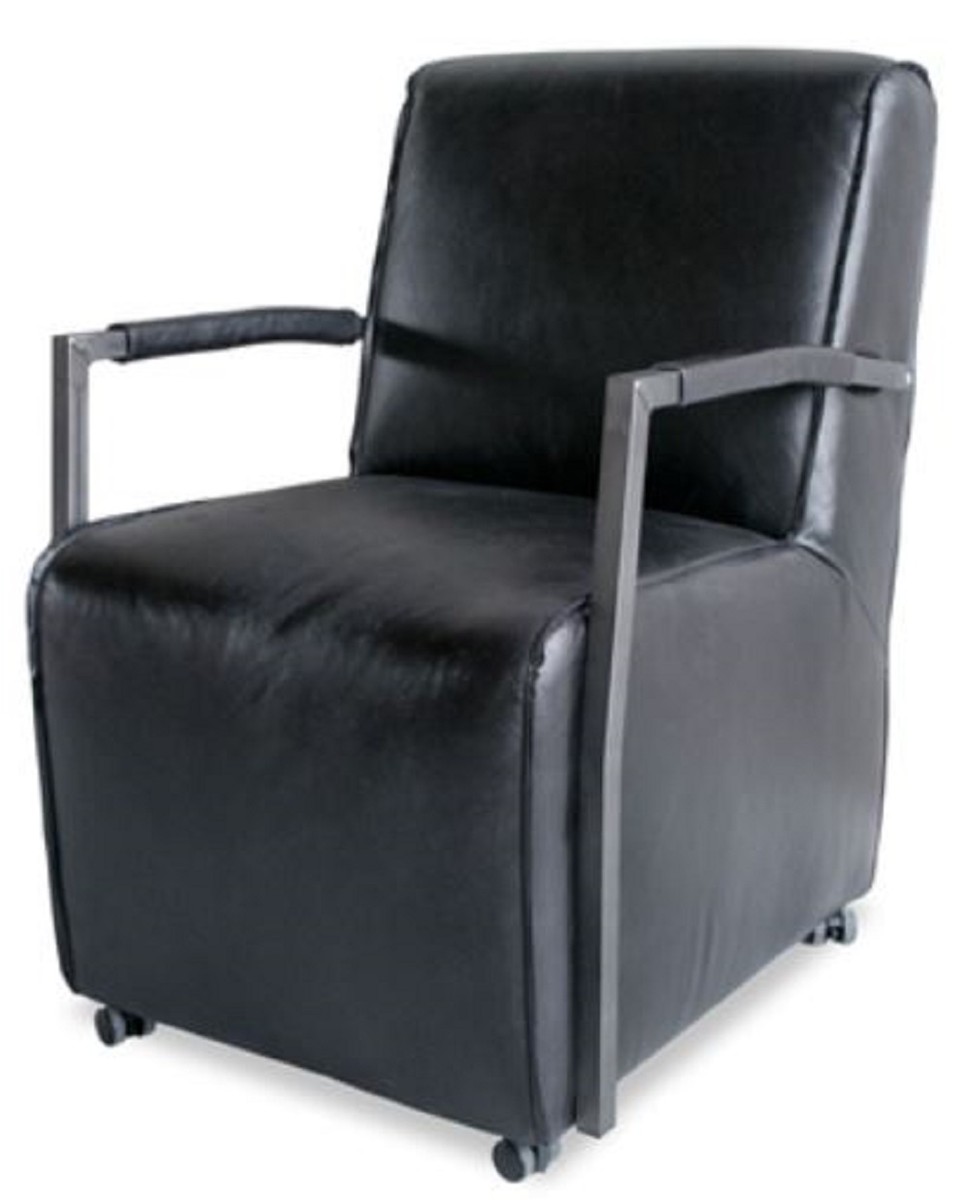 Casa Padrino Luxus Wohnzimmer BÃ¼ffelleder Sessel mit Rollen Schwarz / Silber 59 x 69 x H. 93 cm - Echtleder MÃ¶bel von Casa Padrino