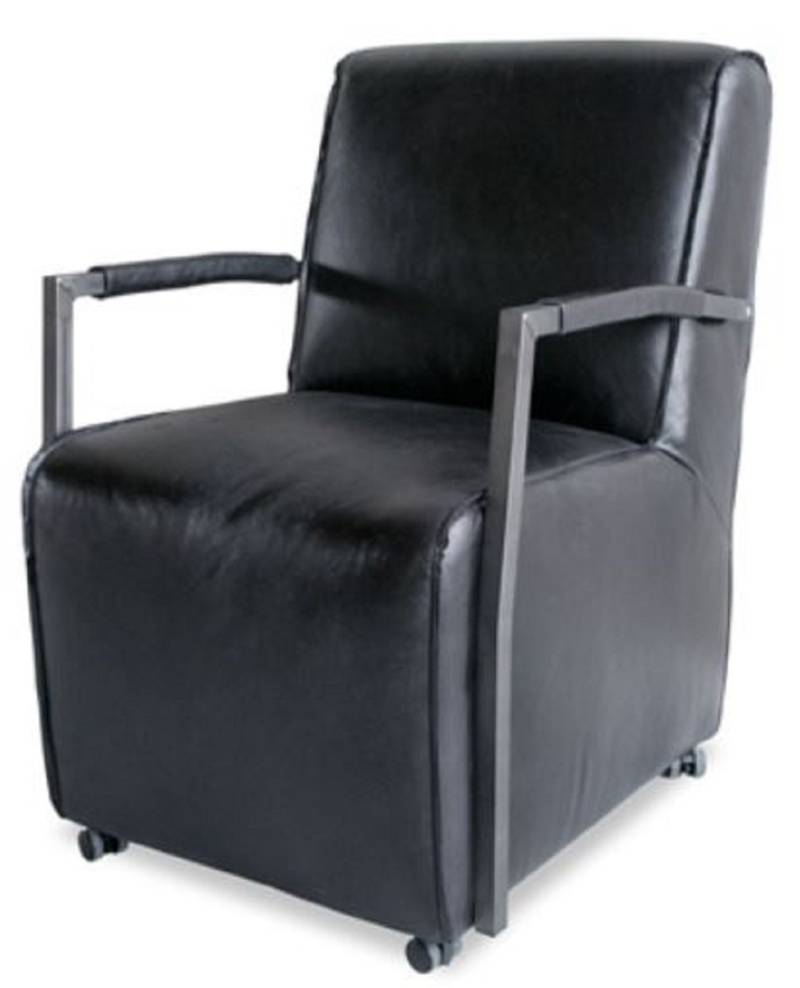 Casa Padrino Luxus Wohnzimmer BÃ¼ffelleder Sessel mit Rollen Schwarz / Silber 59 x 69 x H. 93 cm - Echtleder MÃ¶bel von Casa Padrino