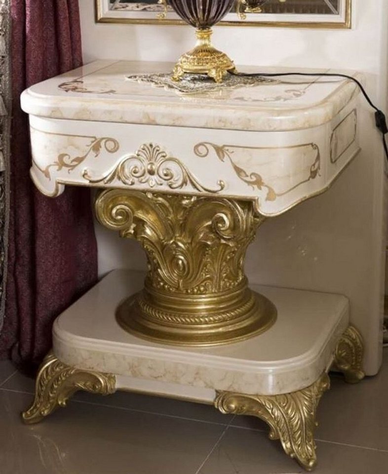 Casa Padrino Nachtkommode Casa Padrino Luxus Barock Nachtkommode Weiß / Beige / Gold - Handgefertigter Barock Nachttisch mit Schublade - Barock Schlafzimmer Möbel von Casa Padrino