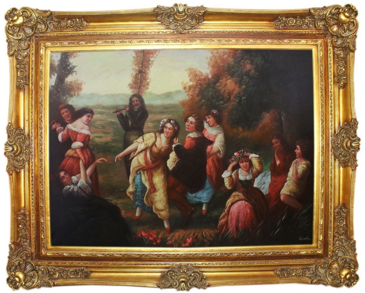 Casa Padrino Ölgemälde Barock Ölgemälde Gartenfest Mehrfarbig / Gold 160 x 10 x H. 130 cm - Handgemaltes Gemälde mit prunkvollem Rahmen im Barockstil - Wanddeko im Barockstil von Casa Padrino