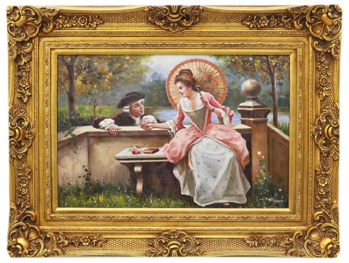 Casa Padrino Ölgemälde Barock Ölgemälde Liebespaar Mehrfarbig / Gold 100 x 10 x H. 130 cm - Handgemaltes Gemälde mit Prunk Rahmen - Wand Deko im Barockstil von Casa Padrino