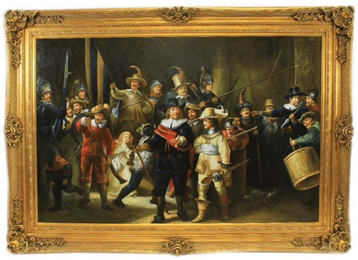 Casa Padrino Ölgemälde Gigantisches Ölgemälde Nachtwache nach Rembrandt Handgemalt 320 x 250 cm im prinkvollem Goldrahmen - Öl Gemälde Altmeister Replika - Einzelstück von Casa Padrino