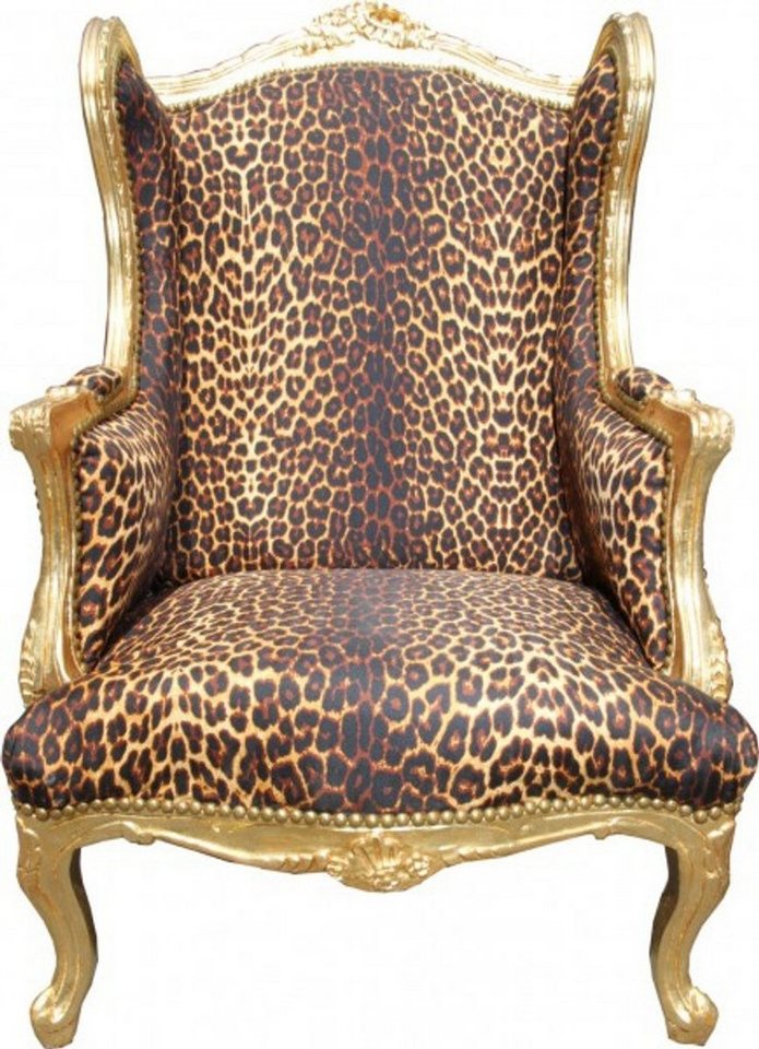 Casa Padrino Ohrensessel Barock Lounge Thron Sessel Leopard / Gold - Ohren Sessel - Ohrensessel Tron Stuhl von Casa Padrino