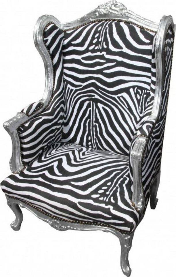 Casa Padrino Ohrensessel Barock Lounge Thron Sessel Zebra / Silber - Ohren Sessel - Ohrensessel Tron Stuhl von Casa Padrino