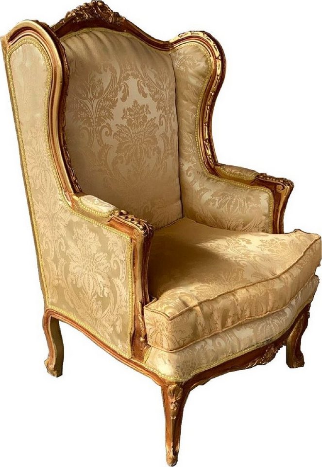 Casa Padrino Ohrensessel Barock Ohrensessel Cremefarben / Braun / Gold - Handgefertigter Antik Stil Wohnzimmer Sessel mit elegantem Muster - Barock Wohnzimmer Möbel von Casa Padrino