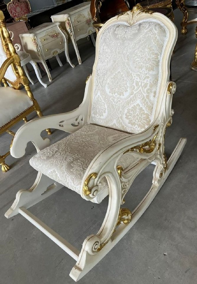 Casa Padrino Schaukelsessel Casa Padrino Barock Schaukelsessel Silber / Beige / Creme / Weiß / Gold - Handgefertigter Schaukelstuhl mit Armlehnen und Fußstütze - Barock Möbel - Wohnzimmer Möbel im Barockstil von Casa Padrino