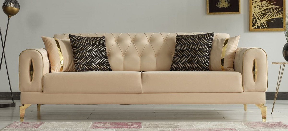 Casa Padrino Schlafsofa Luxus Schlafsofa Beige / Gold 225 x 95 x H. 83 cm - Wohnzimmer Sofa mit 4 Kissen - Luxus Wohnzimmer Möbel von Casa Padrino