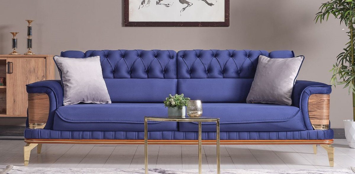 Casa Padrino Schlafsofa Luxus Schlafsofa Blau / Braun / Gold 232 x 92 x H. 85 cm - Wohnzimmer Sofa mit 2 Kissen - Luxus Wohnzimmer Möbel von Casa Padrino