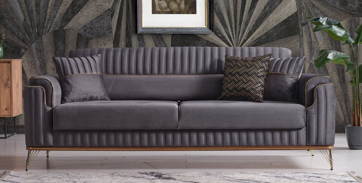 Casa Padrino Schlafsofa Luxus Schlafsofa Dunkelgrau / Braun / Gold 228 x 94 x H. 88 cm - Wohnzimmer Sofa mit 3 Kissen - Luxus Wohnzimmer Möbel von Casa Padrino