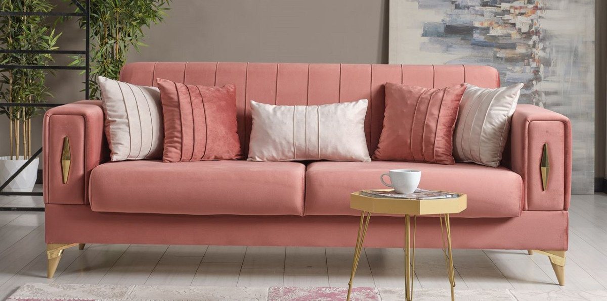 Casa Padrino Schlafsofa Luxus Schlafsofa Rosa / Gold 222 x 93 x H. 87 cm - Wohnzimmer Sofa mit 5 Kissen - Luxus Wohnzimmer Möbel von Casa Padrino