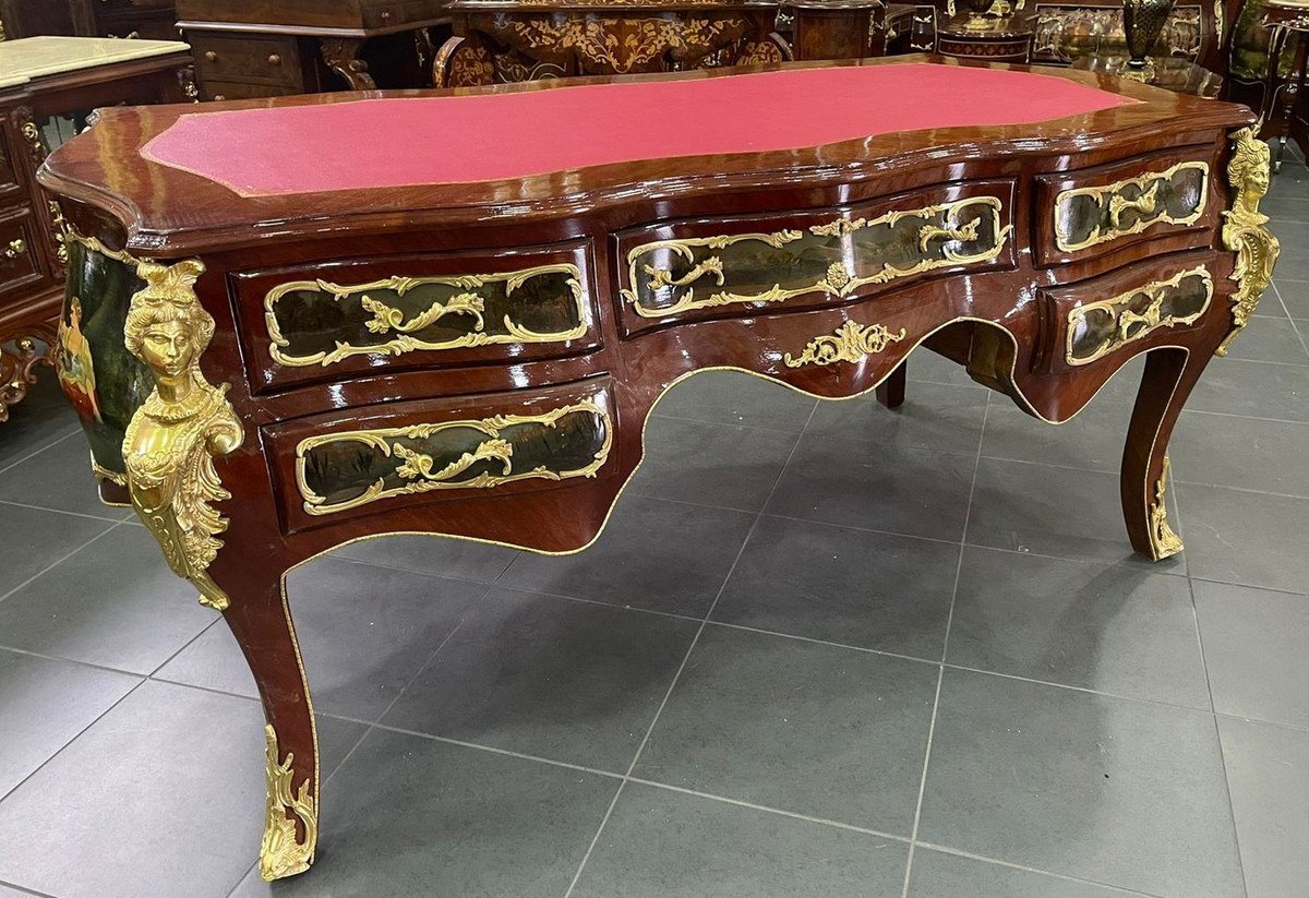 Casa Padrino Schreibtisch Barock Massivholz Schreibtisch Braun / Mehrfarbig / Gold / Rosa - Prunkvoller Bürotisch im Barockstil - Handgefertigte Barock Büro Möbel von Casa Padrino