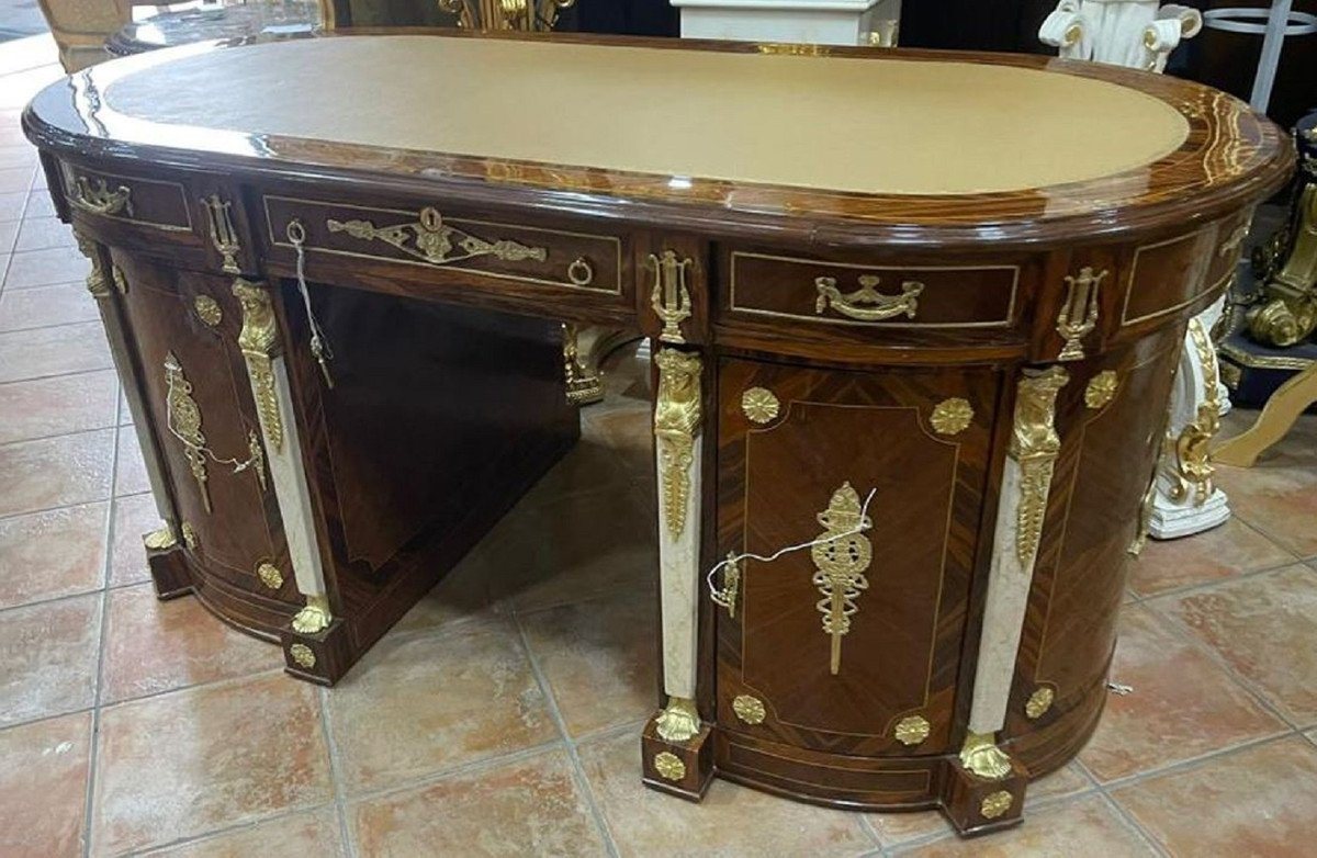 Casa Padrino Schreibtisch Barock Massivholz Schreibtisch Braun Intarsien / Gold / Weiß / Cremefarben - Prunkvoller ovaler Bürotisch im Barockstil - Handgefertigte Barock Büro Möbel von Casa Padrino