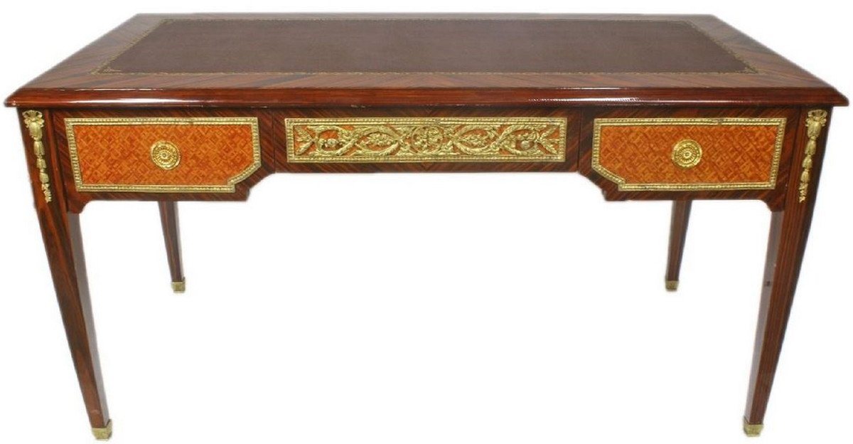 Casa Padrino Schreibtisch Barock Schreibtisch Braun / Gold 180 x 70 x H. 80 cm - Handgefertigter Massivholz Bürotisch mit 3 Schubladen - Büro Möbel im Barockstil von Casa Padrino