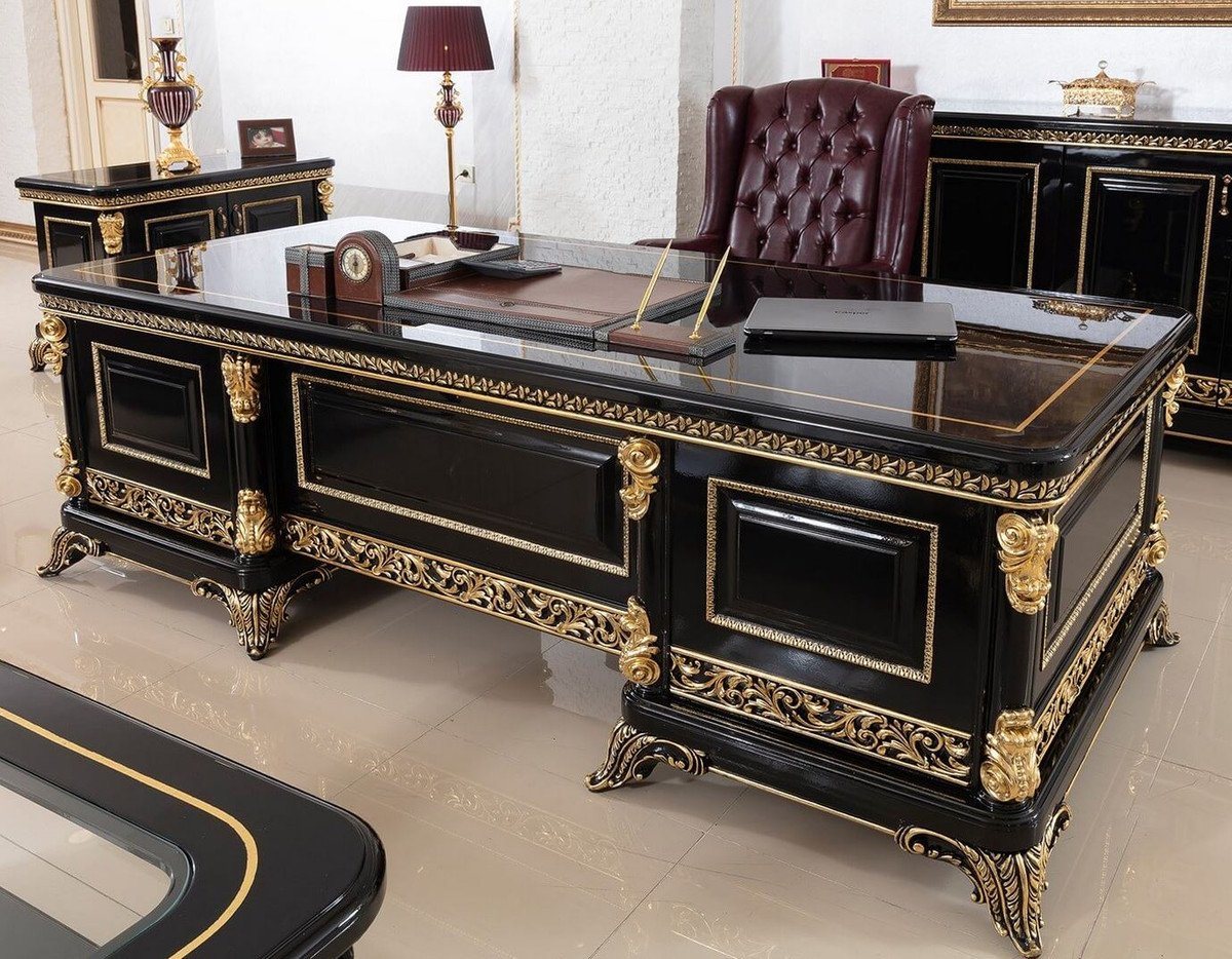 Casa Padrino Schreibtisch Luxus Barock Büromöbel Set Bordeauxrot / Schwarz / Gold - 1 Barock Schreibtisch & 1 Barock Chesterfield Bürostuhl mit edlem Kunstleder - Prunkvolle Barock Büromöbel von Casa Padrino