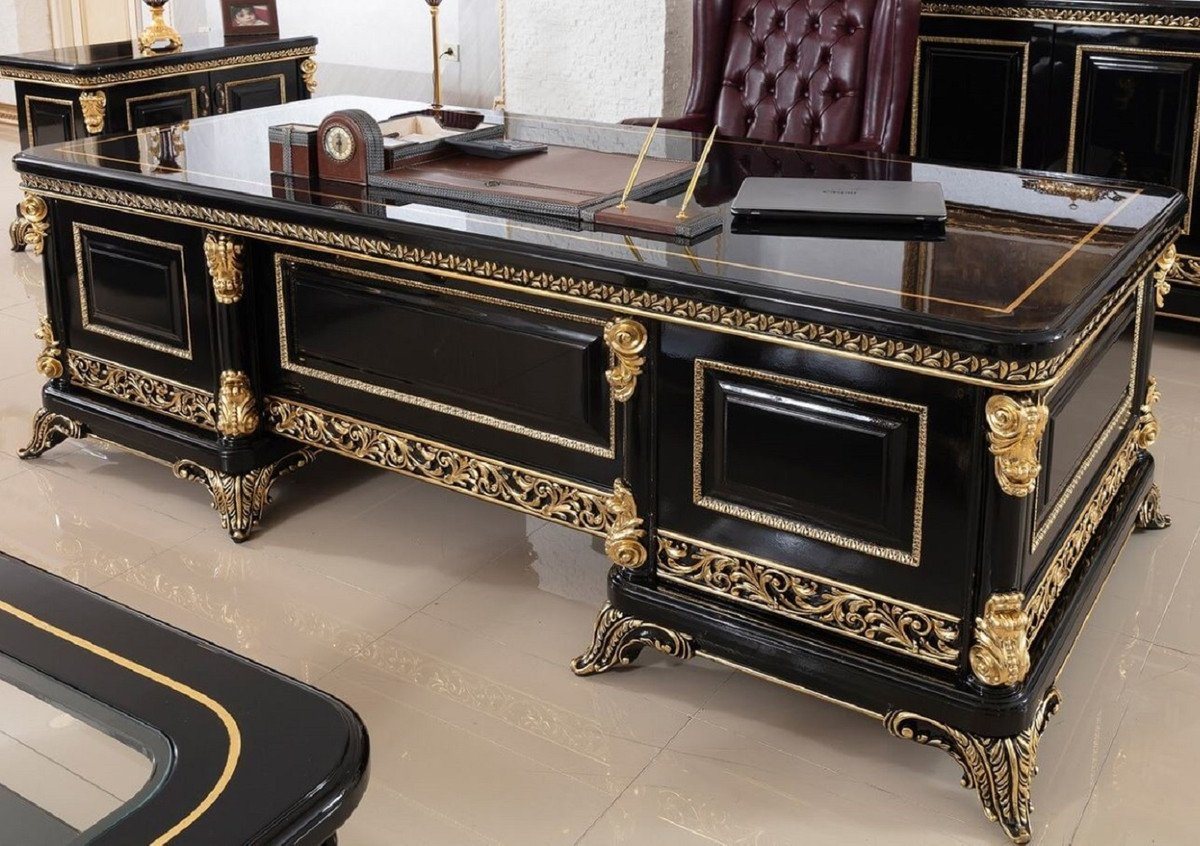 Casa Padrino Schreibtisch Luxus Barock Schreibtisch Schwarz / Gold - Prunkvoller Massivholz Bürotisch - Barock Büromöbel - Edel & Prunkvoll von Casa Padrino