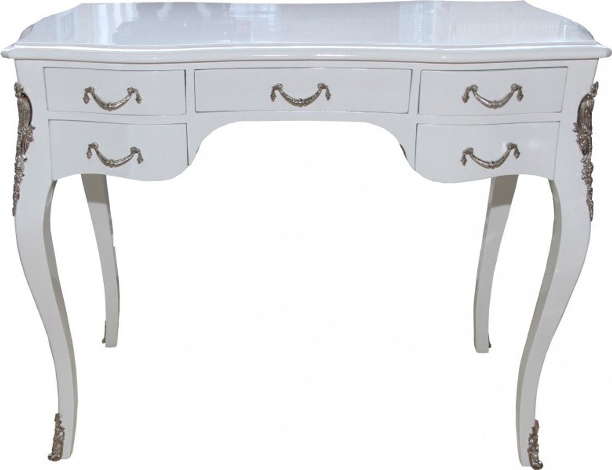 Casa Padrino Schreibtisch Luxus Barock Schreibtisch Weiß Hochglanz / Silber 100 x 80 x 58 cm - Sekretär Luxus Möbel von Casa Padrino