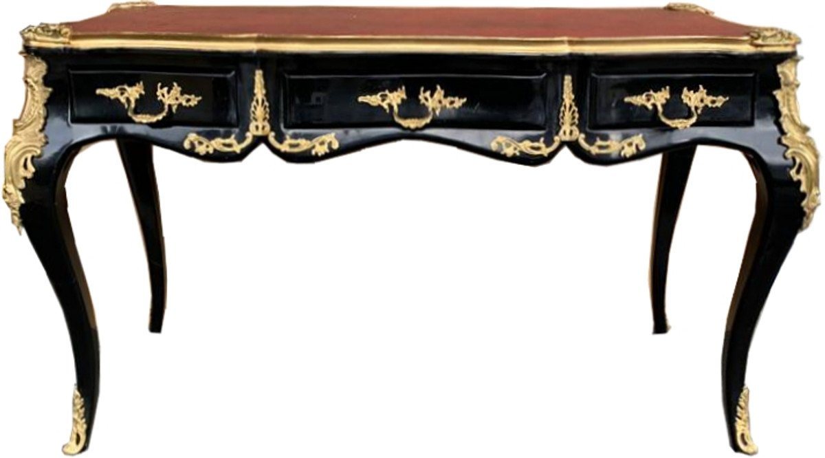 Casa Padrino Schreibtisch Luxus Barock Schreibtisch mit 3 Schubladen und massiven Metallapplikation Schwarz / Gold / Bordeaux 141 cm - Barock Sekretär von Casa Padrino