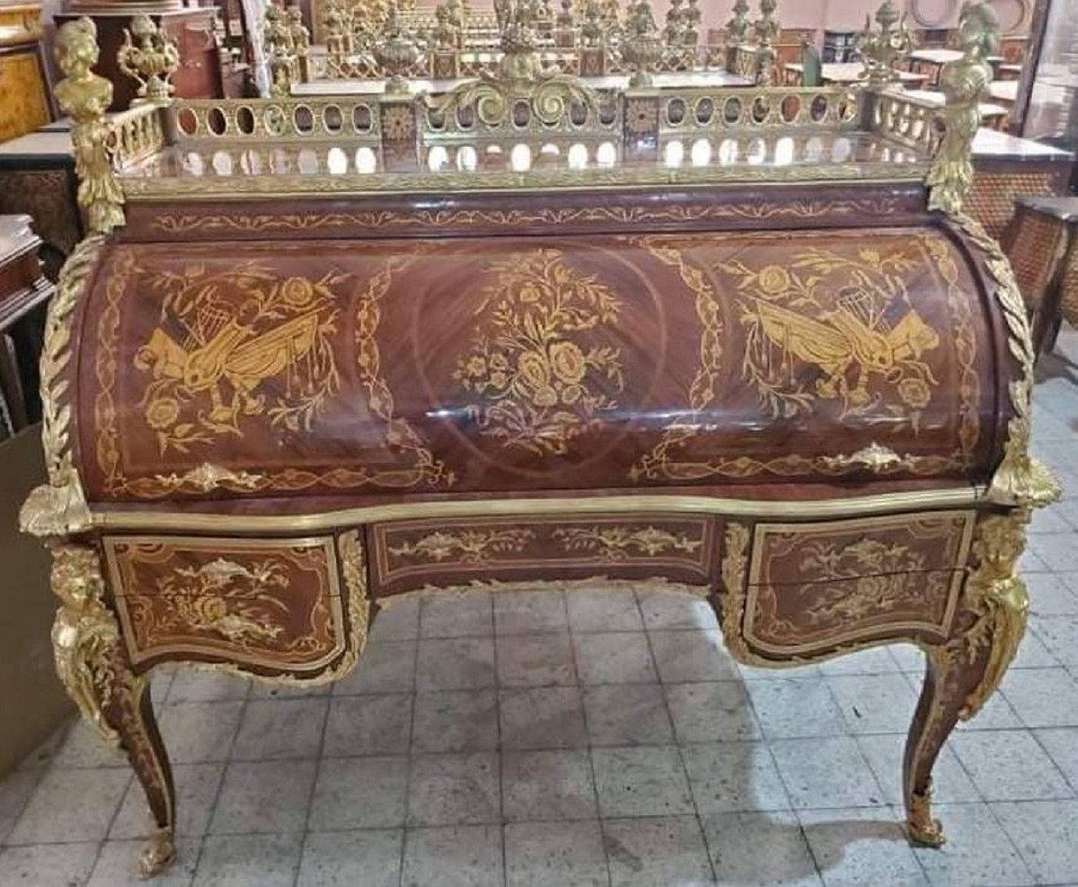 Casa Padrino Schreibtisch Luxus Barock Sekretär Braun Intarsien / Gold - Handgefertigter Barock Schreibtisch - Barock Büromöbel - Edel & Prunkvoll von Casa Padrino