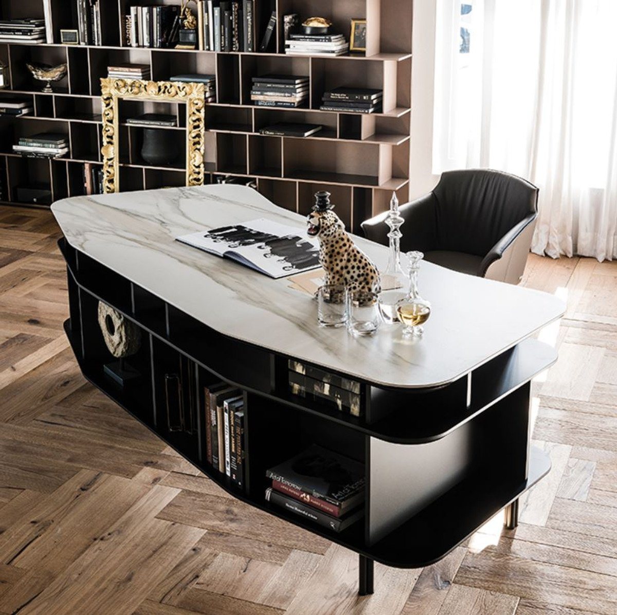 Casa Padrino Schreibtisch Luxus Schreibtisch mit Keramikplatte Schwarz / Weiß-Gold 235 x 99 x H. 75 cm - Bürotisch - Computertisch - Luxus Büro Möbel von Casa Padrino