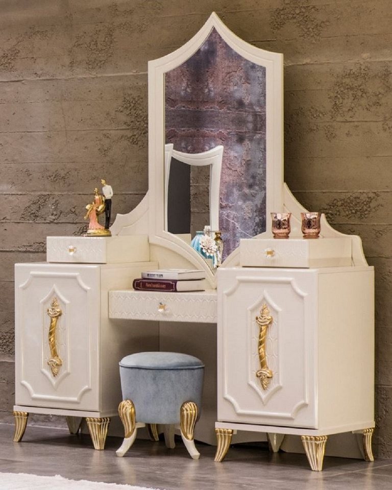 Casa Padrino Schubkastenkommode Casa Padrino Luxus Barock Schminktisch mit Spiegel Weiß / Gold - Barock Schmink Konsole - Schlafzimmer Möbel im Barockstil - Edel & Prunkvoll von Casa Padrino