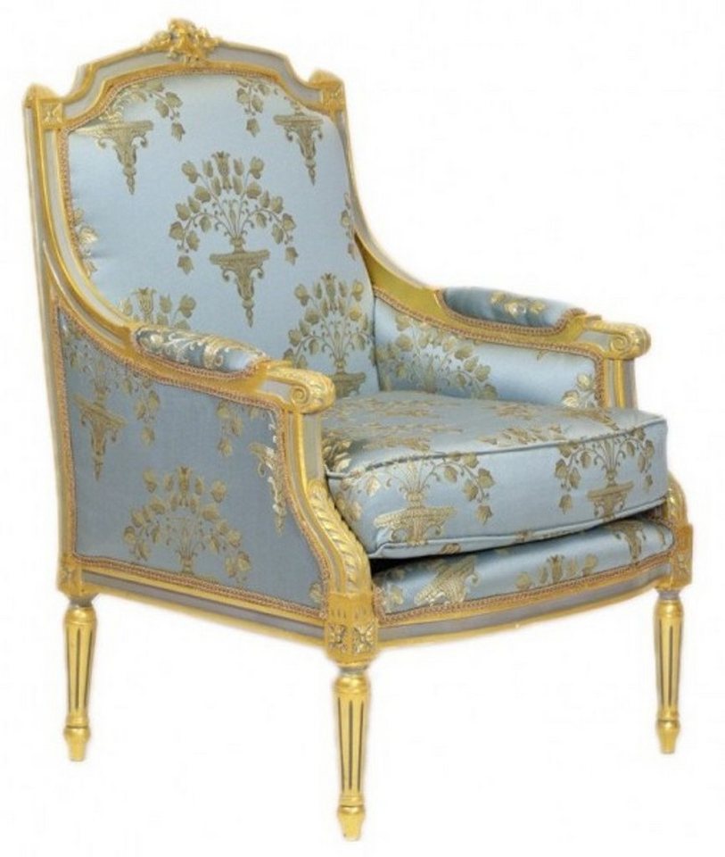 Casa Padrino Sessel Barock Lounge Thron Sessel Empire Blau-Grau Gold Muster / Gold - Ohren Sessel - Ohrensessel Tron Stuhl von Casa Padrino