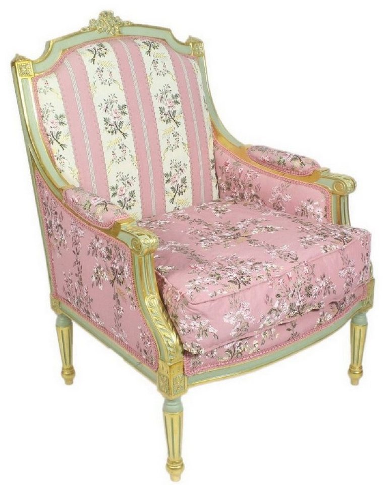 Casa Padrino Sessel Barock Lounge Thron Sessel Empire Blumenmuster Rosa / Mehrfarbig / Gold 70 x 70 x H. 100 cm - Barockmöbel von Casa Padrino