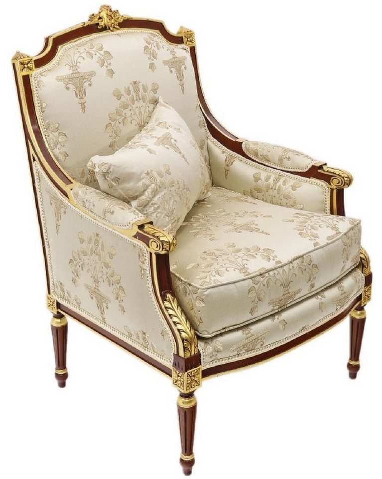 Casa Padrino Sessel Barock Lounge Thron Sessel mit elegantem Muster Cremefarben / Dunkelbraun / Gold - Barock Wohnzimmer Möbel von Casa Padrino