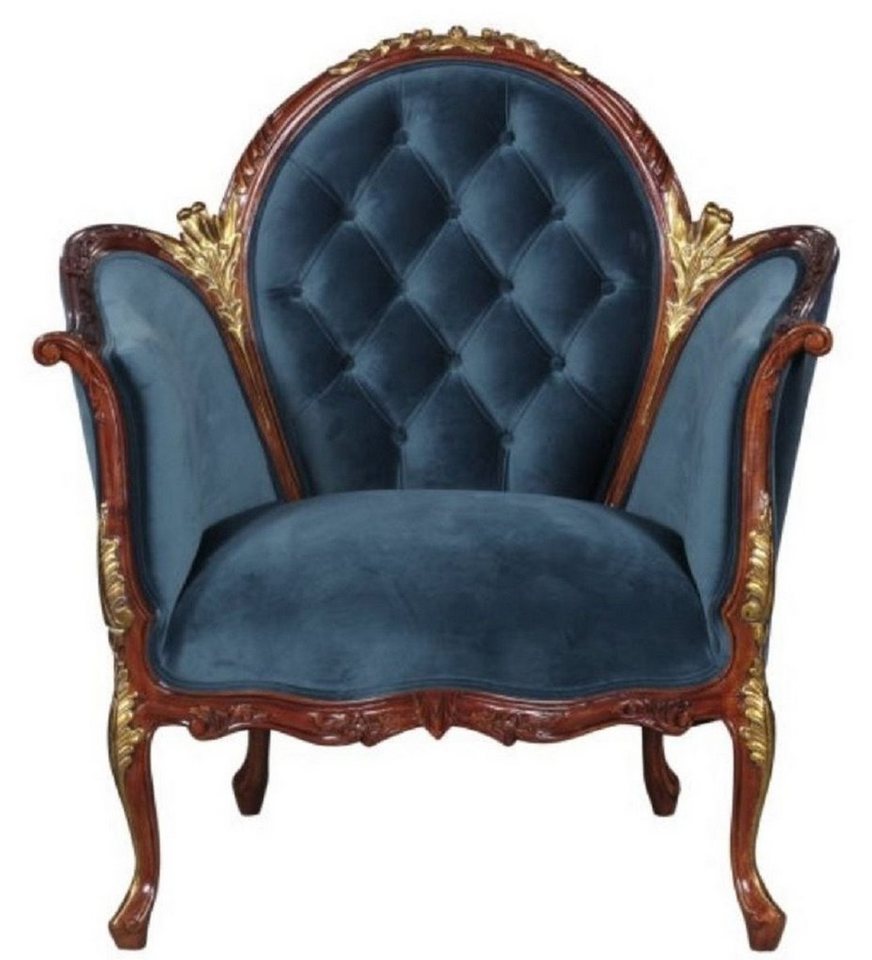 Casa Padrino Sessel Barock Salon Samt Sessel Blau / Braun / Messingfarben 86,5 x 71 x H. 94 cm - Barockmöbel von Casa Padrino