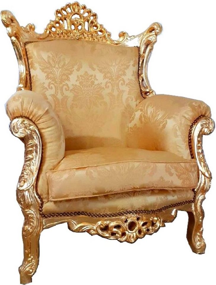 Casa Padrino Sessel Barock Sessel Al Capone Gold Muster / Gold 90 x 80 x H. 127 cm - Handgefertigter Antik Stil Wohnzimmer Sessel mit edlem Satinstoff - Barock Möbel von Casa Padrino