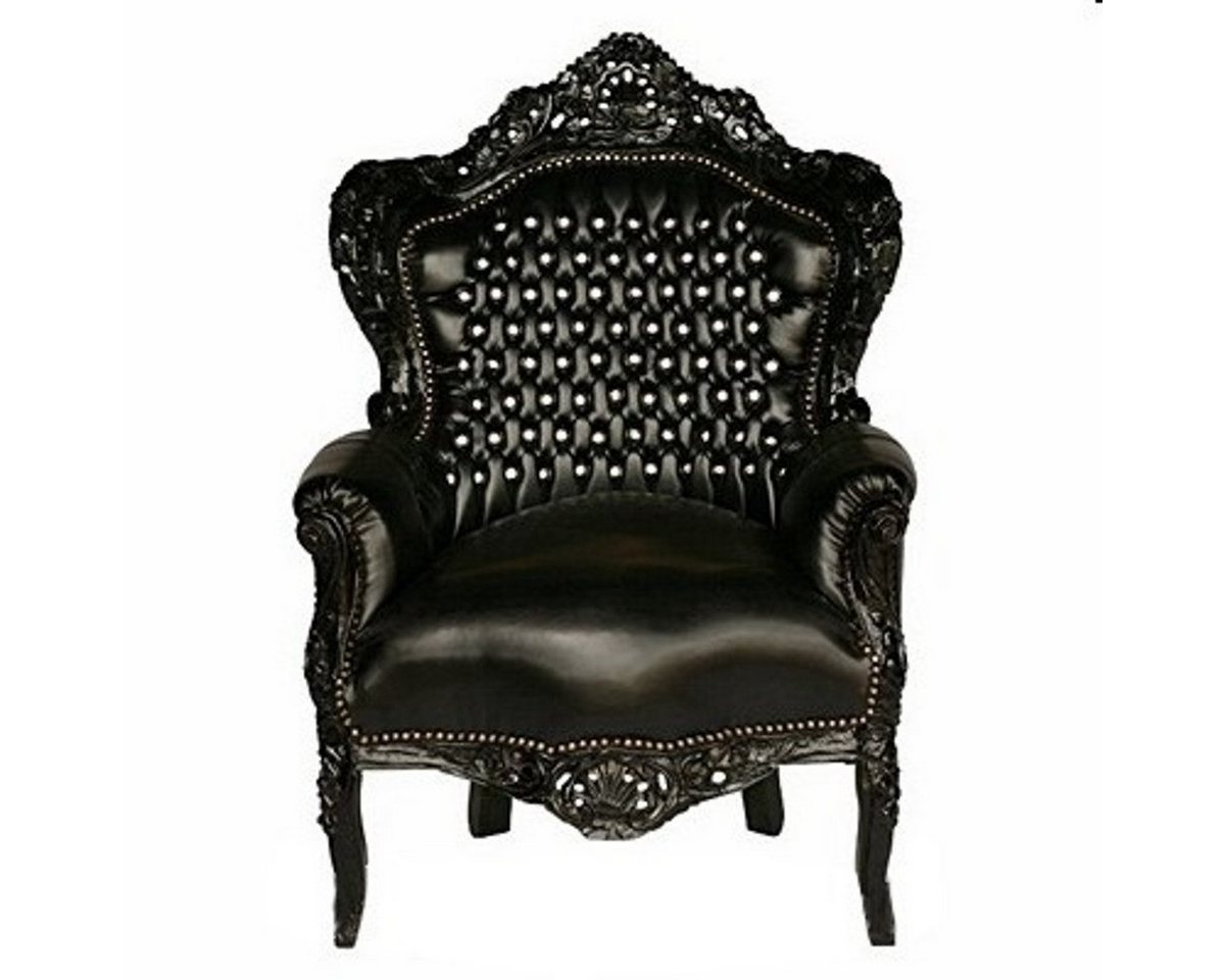 Casa Padrino Sessel Barock Sessel King Schwarz / Schwarz Lederoptik mit Glitzersteinen - Luxus Barock Sessel von Casa Padrino