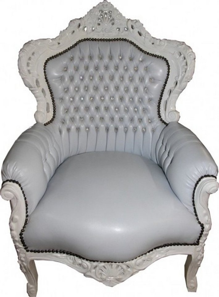 Casa Padrino Sessel Barock Sessel King Weiss/Weiss Lederoptik mit Bling Bling Glitzersteinen - Unikat von Casa Padrino