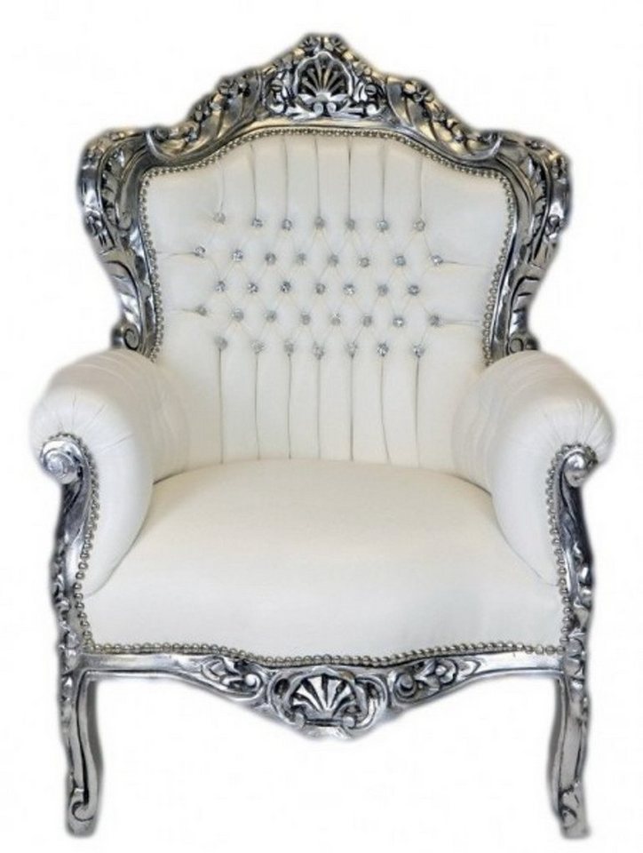 Casa Padrino Sessel Barock Sessel King Weiß Lederoptik / Silber mit Glitzersteinen - Barock Lounge Möbel von Casa Padrino