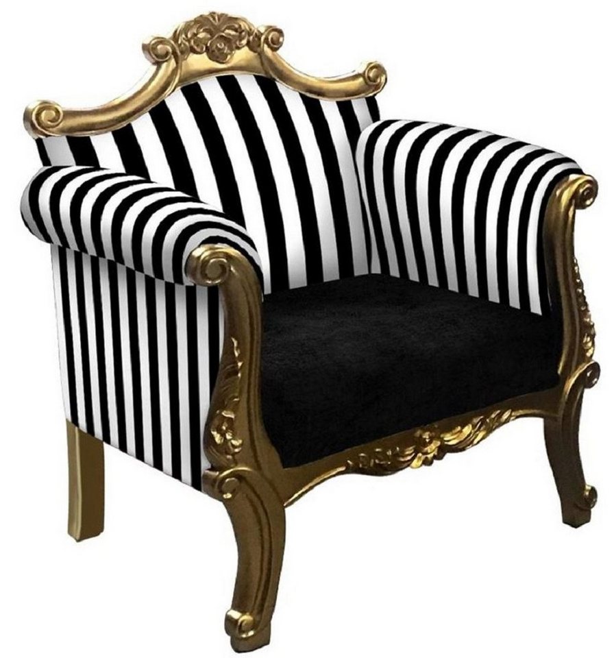 Casa Padrino Sessel Barock Sessel mit Streifen Schwarz / Weiß / Gold - Handgefertigter Wohnzimmer Sessel im Barockstil - Barock Wohnzimmer Möbel von Casa Padrino