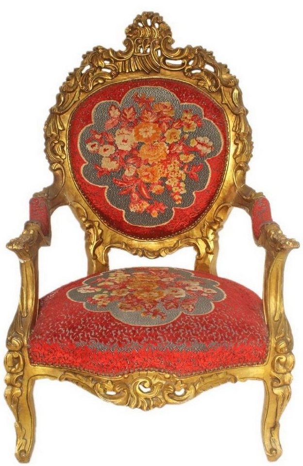 Casa Padrino Sessel Barock Thron Sessel Rot Blumenmuster / Gold 70 x 70 x H. 120 cm - Prunkvoller handgefertigter Königssessel - Hochzeitssessel - Barock Möbel von Casa Padrino