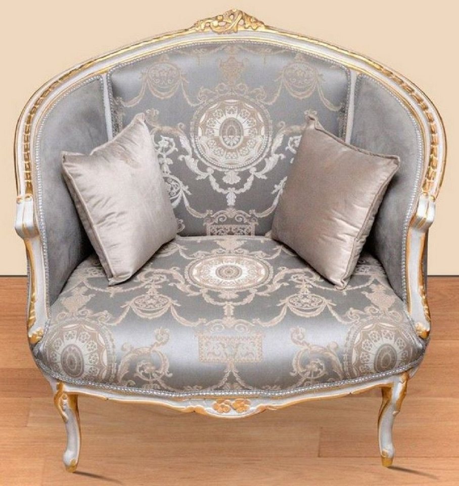 Casa Padrino Sessel Casa Padrino Barock Sessel mit elegantem Muster Grau / Beige / Weiß / Gold - Barockstil Wohnzimmer Sessel - Antik Stil Sessel - Barockstil Wohnzimmer Möbel - Barock Möbel - Barock Einrichtung von Casa Padrino