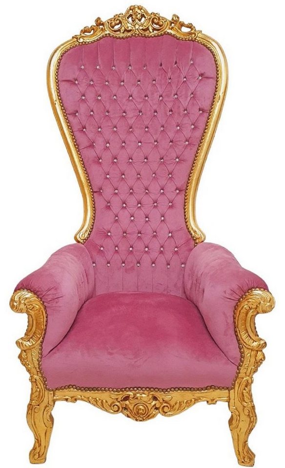 Casa Padrino Sessel Casa Padrino Barock Thron Sessel mit edlem Samtstoff und Glitzersteinen Rosa / Gold - Handgefertigter Königssessel im Barockstil - Prunkvoller Hochzeitssessel - Barock Riesensessel - Barock Möbel von Casa Padrino