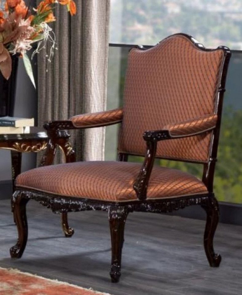 Casa Padrino Sessel Casa Padrino Luxus Barock Sessel Orange / Dunkelbraun - Prunkvoller Wohnzimmer Sessel - Barockstil Wohnzimmer Möbel - Luxus Möbel im Barockstil - Barock Einrichtung - Edel & Prunkvoll von Casa Padrino