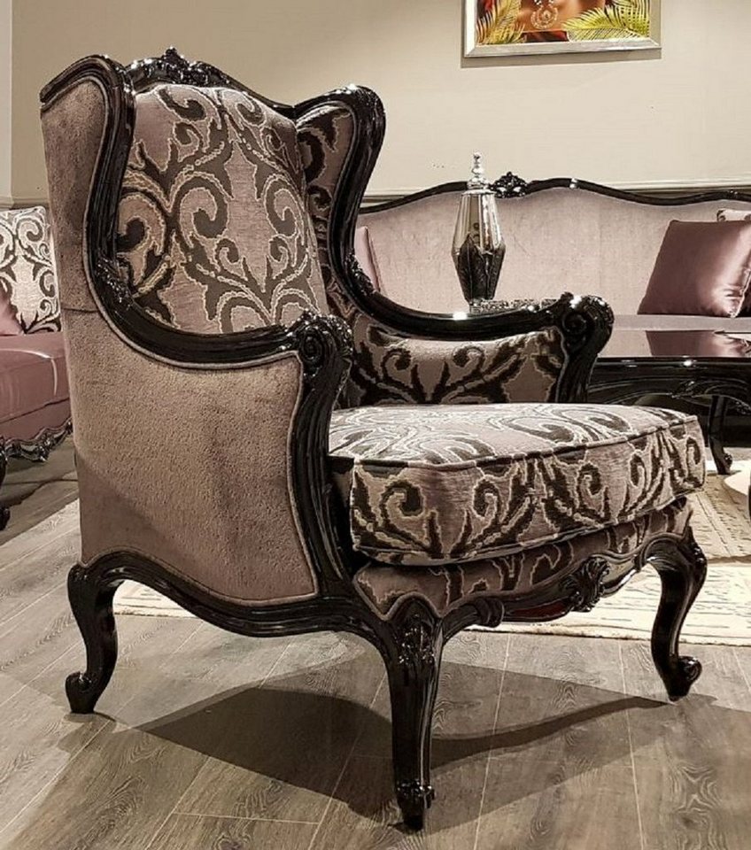 Casa Padrino Sessel Luxus Barock Ohrensessel Rosa / Schwarz - Prunkvoller Wohnzimmer Sessel mit elegantem Muster - Wohnzimmer Möbel im Barockstil von Casa Padrino