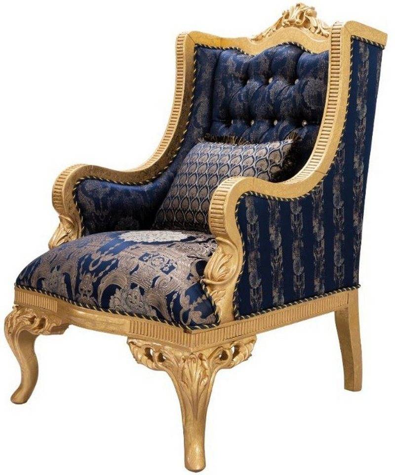 Casa Padrino Sessel Luxus Barock Ohrensessel mit Glitzersteinen und dekorativem Kissen Dunkelblau / Gold 86 x 90 x H. 110 cm - Barock Wohnzimmer Sessel - Barock Möbel von Casa Padrino