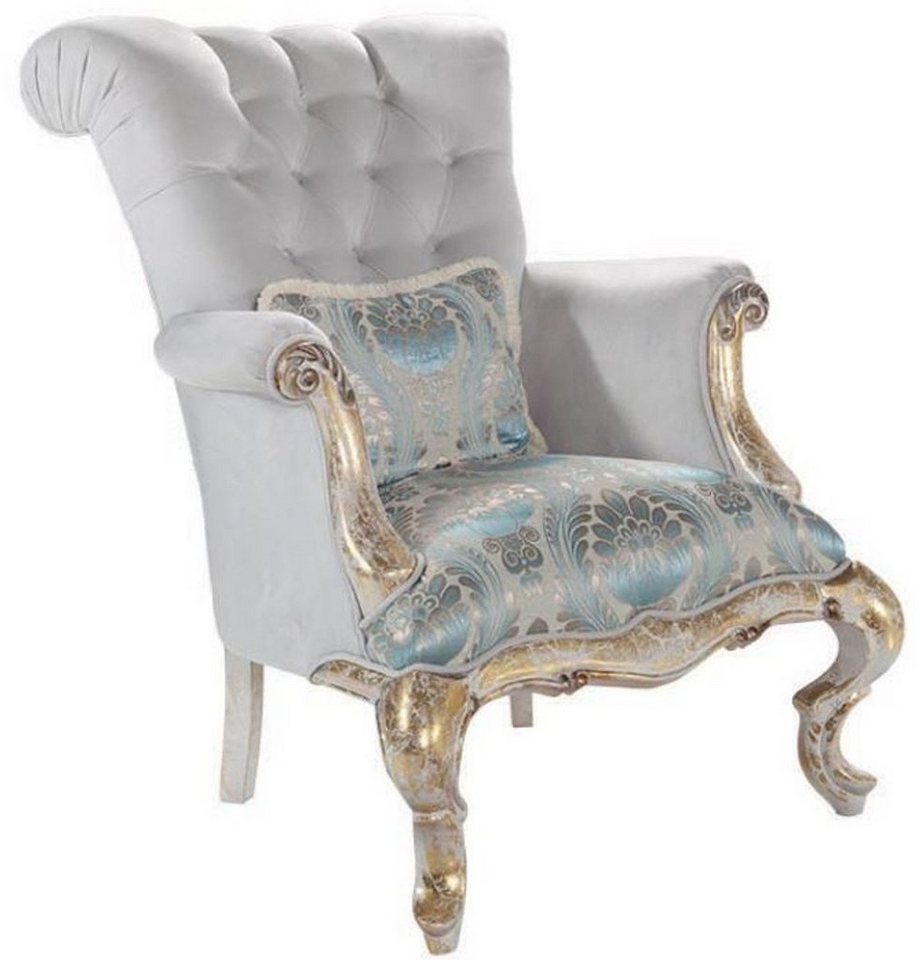 Casa Padrino Sessel Luxus Barock Samt Sessel mit Kissen Grau / Türkis / Antik Gold 82 x 100 x H. 105 cm - Wohnzimmer Möbel im Barockstil von Casa Padrino