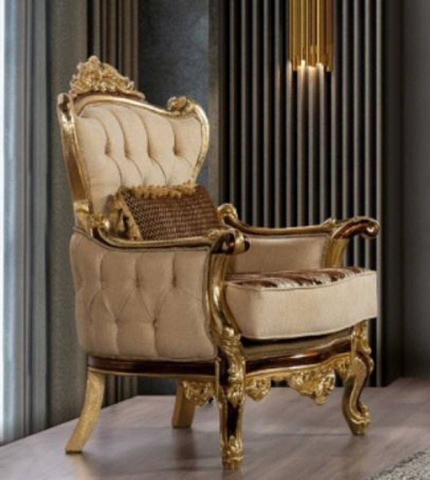 Casa Padrino Sessel Luxus Barock Sessel Beige / Braun / Gold - Prunkvoller Wohnzimmer Sessel mit Muster - Barock Wohnzimmer Möbel von Casa Padrino