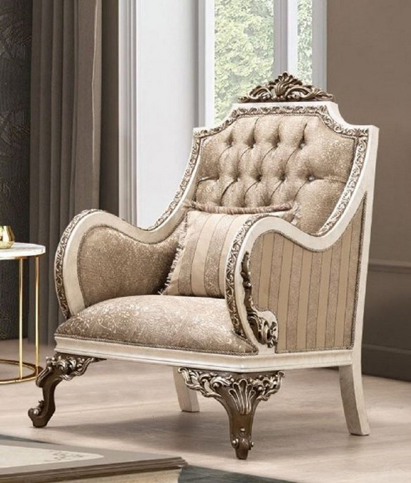 Casa Padrino Sessel Luxus Barock Sessel Beige / Cremefarben / Braun / Gold - Prunkvoller Wohnzimmer Sessel mit elegantem Muster - Barock Wohnzimmer Möbel von Casa Padrino