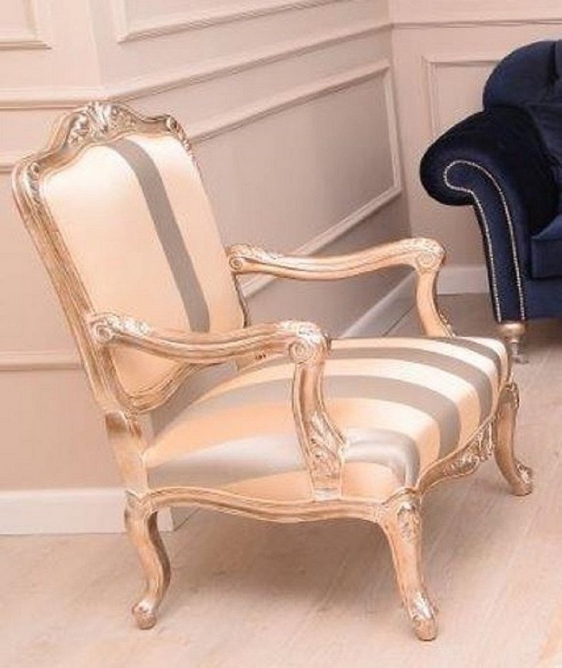 Casa Padrino Sessel Luxus Barock Sessel Beige / Silber / Gold - Prunkvoller Wohnzimmer Sessel mit Streifen - Barock Wohnzimmer Möbel - Edel & Prunkvoll von Casa Padrino