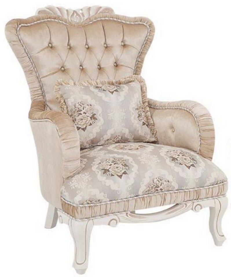 Casa Padrino Sessel Luxus Barock Sessel Beige / Weiß 76 x 83 x H. 109 cm - Wohnzimmer Sessel mit Blumenmuster und dekorativem Kissen - Barock Möbel von Casa Padrino