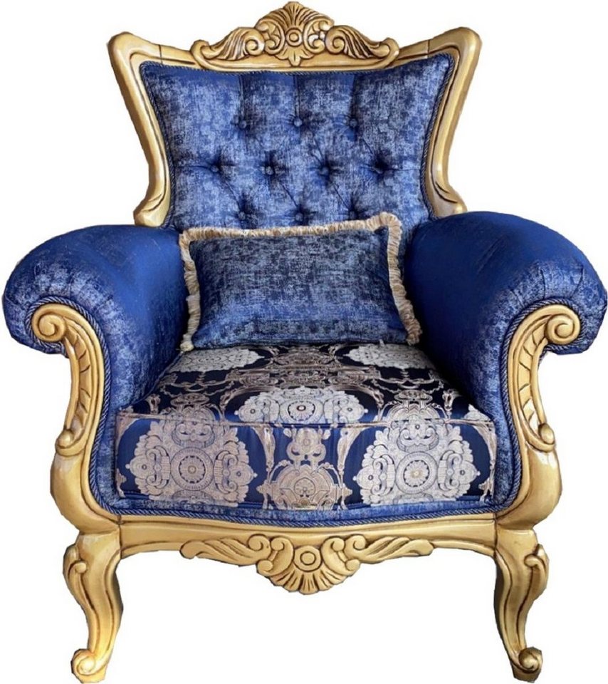 Casa Padrino Sessel Luxus Barock Sessel Blau / Creme / Gold - Handgefertigter Wohnzimmer Sessel mit elegantem Muster und dekorativem Kissen - Barock Möbel von Casa Padrino