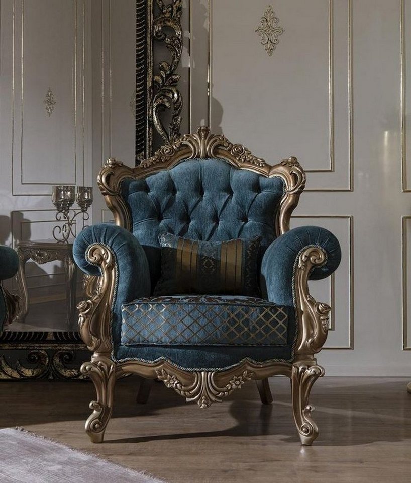 Casa Padrino Sessel Luxus Barock Sessel Blau / Gold 97 x 90 x H. 115 cm - Wohnzimmer Sessel mit elegantem Muster und dekorativem Kissen - Barock Wohnzimmer Möbel Casa Padrino Sessel Luxus Barock Sessel Blau / Gold 97 x 90 x H. 115 cm - Wohnzimmer Sessel mit elegantem Muster und dekorativem Kissen - Barock Wohnzimmer Möbel von Casa Padrino