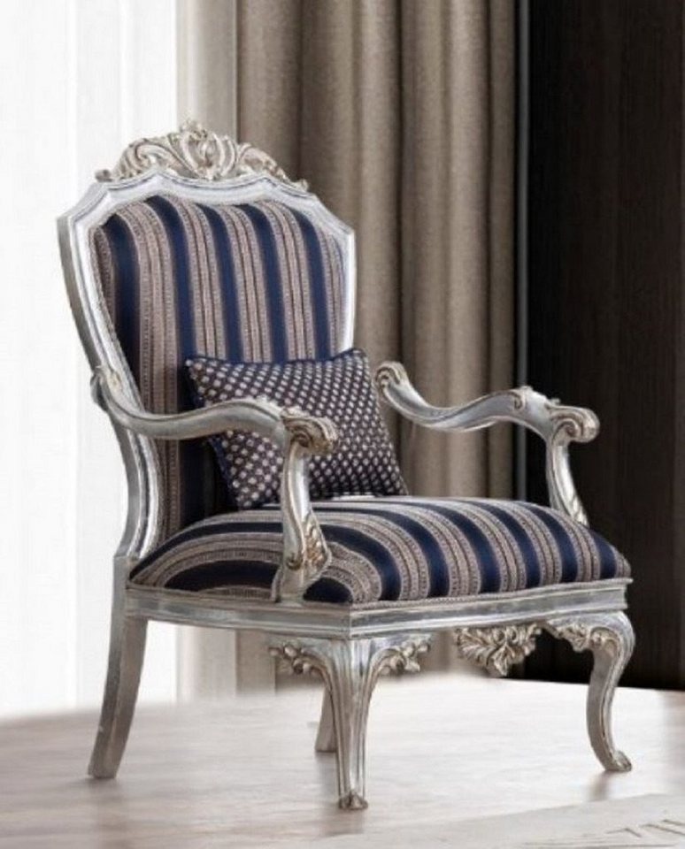 Casa Padrino Sessel Luxus Barock Sessel Blau / Silber / Gold 75 x 80 x H. 120 cm - Prunkvoller Wohnzimmer Sessel mit Streifen - Barock Wohnzimmer Möbel von Casa Padrino
