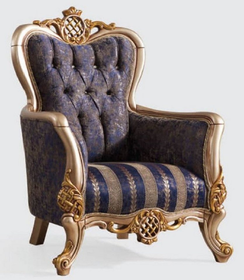 Casa Padrino Sessel Luxus Barock Sessel Blau / Silber / Gold 95 x 75 x H. 120 cm - Prunkvoller Wohnzimmer Sessel mit elegantem Muster - Barock Möbel von Casa Padrino